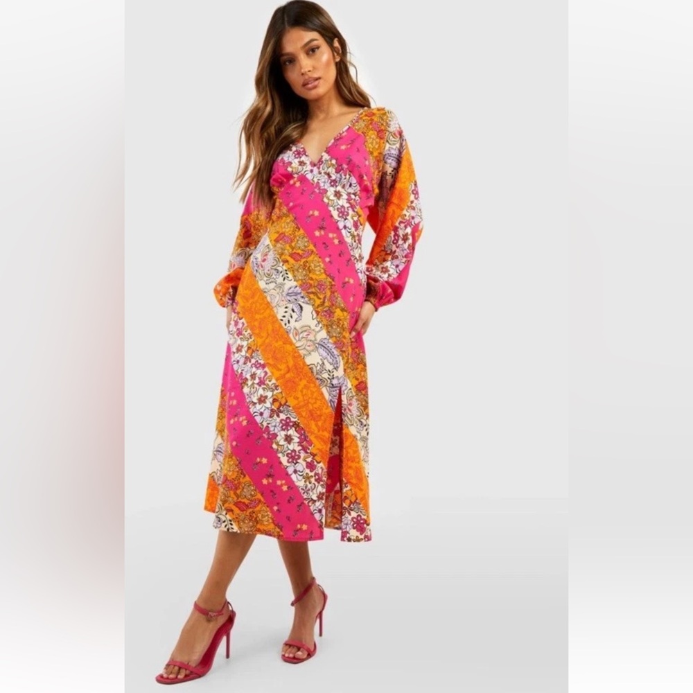 Boohoo The Midi Dress V Neck Mixed Paisley Print Size 12